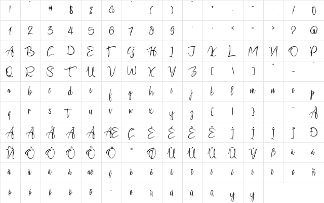 Carlottena Regular  glyph index