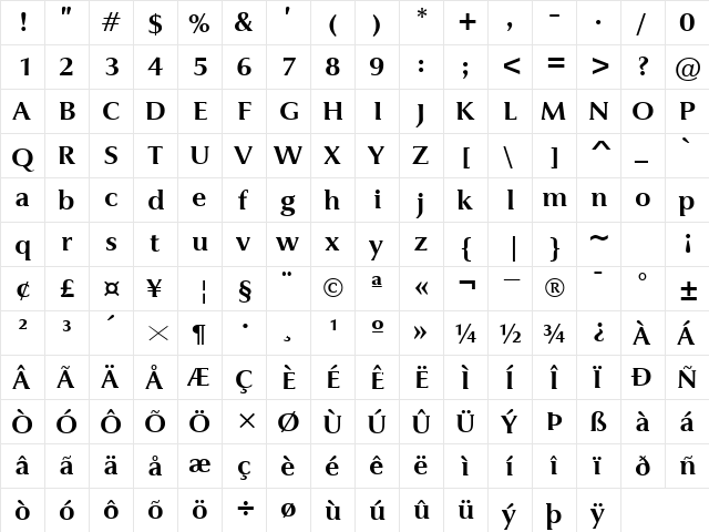 JaguarJC Bold  glyph index