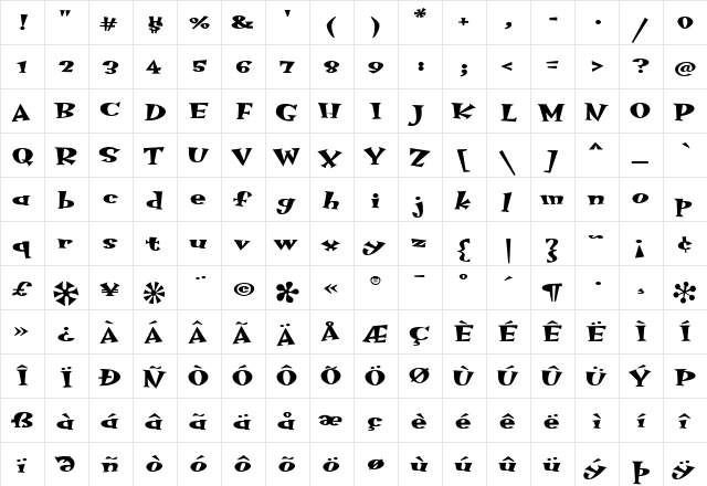 HotsyTotsy Bold Regular  glyph index