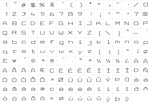 Larabiefont Xtrawide Regular  glyph index