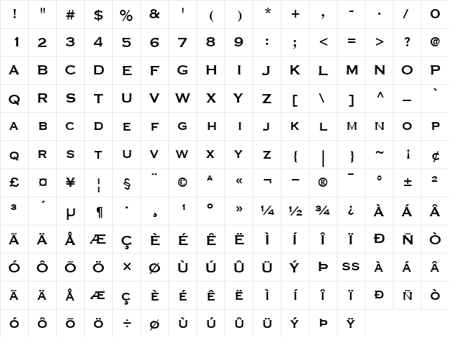 CopperplateGothicThirty-OneBC Roman  glyph index