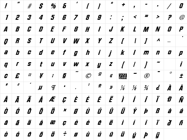 FacetHeavy-Xitalic Regular  glyph index