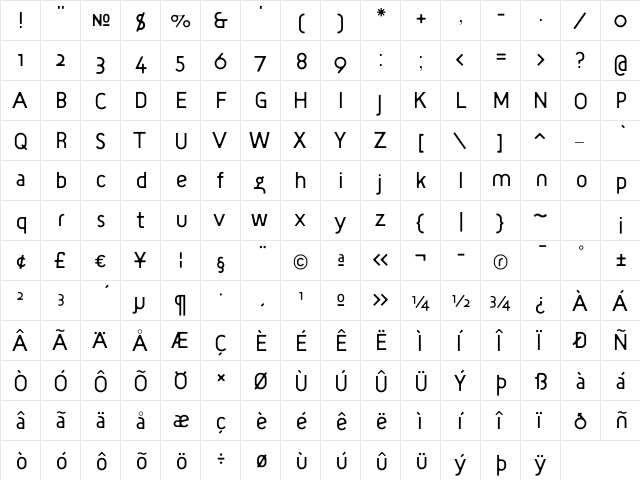 TargetLight Regular  glyph index