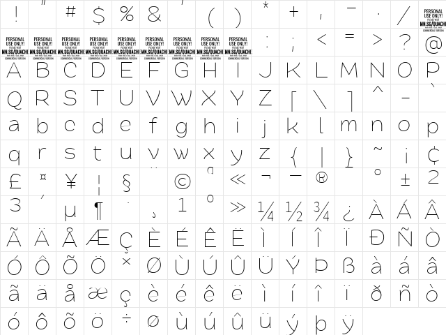 Quache Light  glyph index