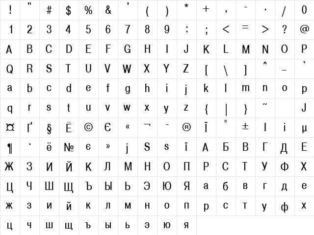 A1011Helvetika  TYGRA Condensed  glyph index