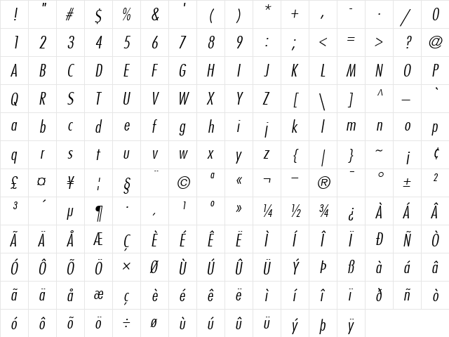 Futura-CondensedLight LightItalic  glyph index