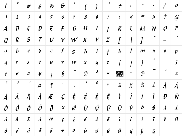 IgnaciousCondensed Italic  glyph index