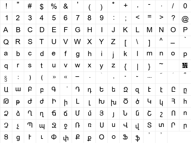 Dallak Helv Regular  glyph index