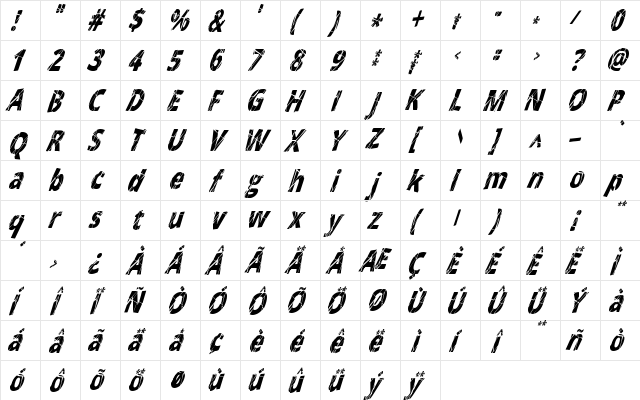 CrackedNarrowItalic Regular  glyph index