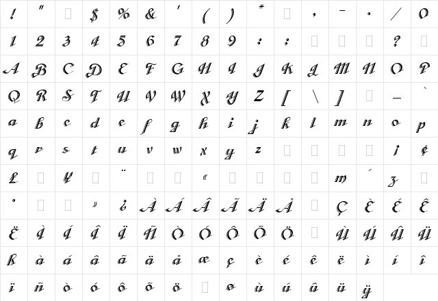 Cabarga CursivaLET  glyph index