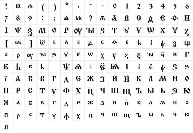 IzhitsaC Regular  glyph index