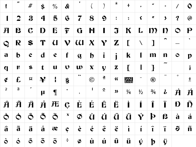 Becker Regular  glyph index