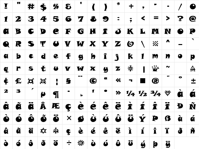 Snap Alt ITC TT Regular  glyph index