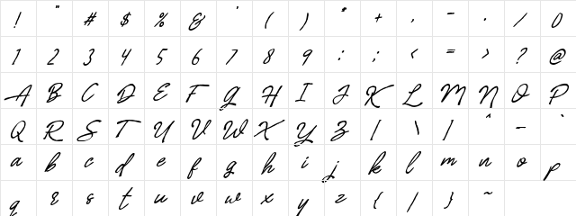 Billenia Standard  glyph index