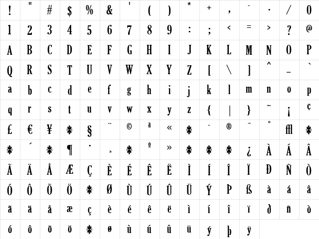 CheltenhamFB-BoldCondensed Regular  glyph index