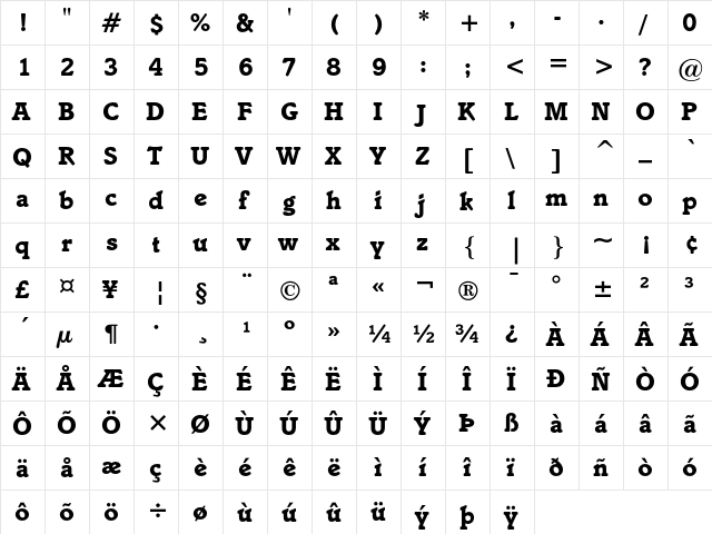 ITC Italia Bold  glyph index