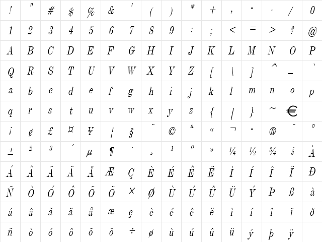 DevineCondensed Italic  glyph index