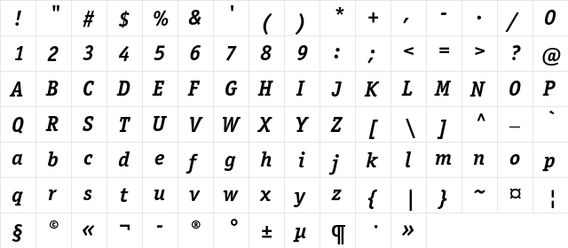 OfficinaSerifC Bold Italic  glyph index