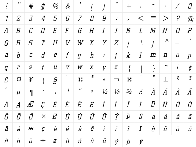 Berthold City Light Italic  glyph index