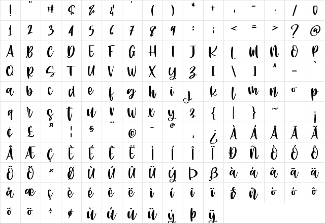 Rhapsody lovers Regular  glyph index