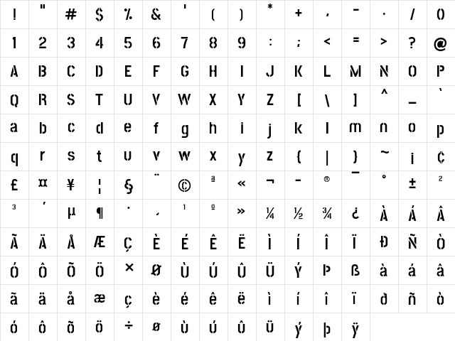 Post No Bills Colombo Bold  glyph index