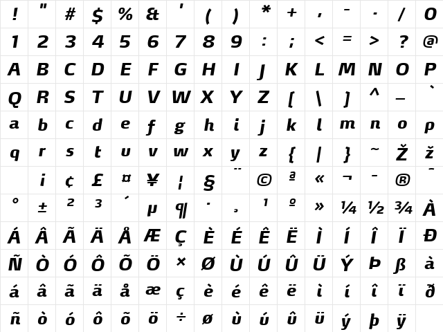 MaxDemiSerifLF-ExtraBoldIta Regular  glyph index