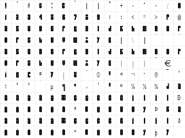 GlazeExtendedCondensed Normal  glyph index
