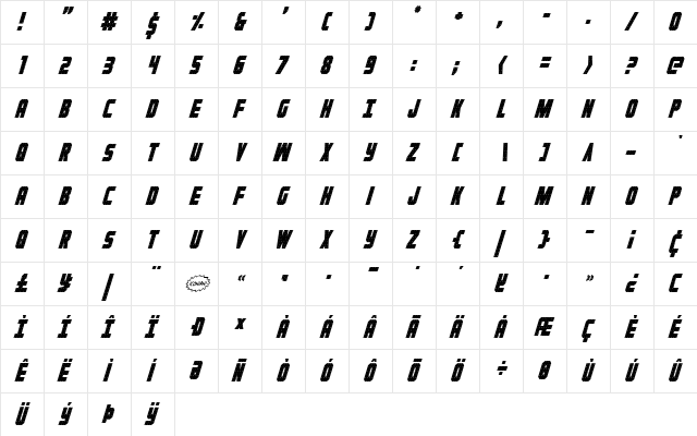 Iron Forge Condensed Italic Condensed Italic  glyph index