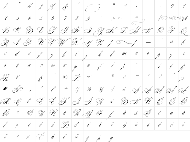Mozart Regular  glyph index