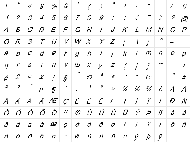 Eco-Files Italic Italic  glyph index