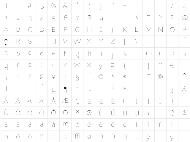NubianThin Regular  glyph index