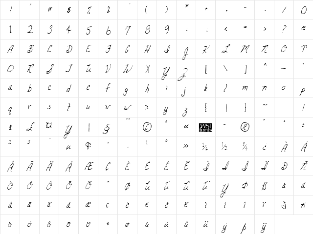 CarolinesHand Regular  glyph index