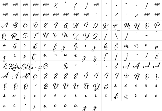 Kamelitta Regular  glyph index