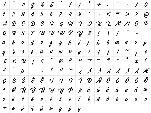 Marioline Barnard Regular  glyph index