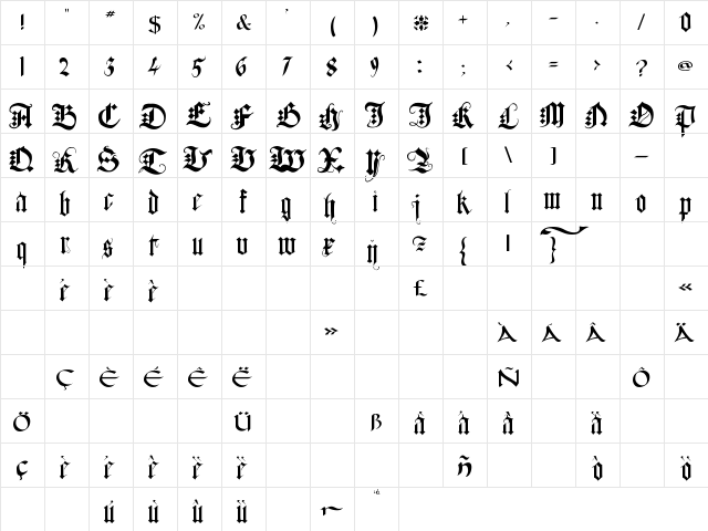 Durer dr regular  glyph index