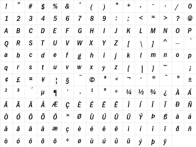 ITC Franklin Gothic LT Com Medium Condensed Italic  glyph index