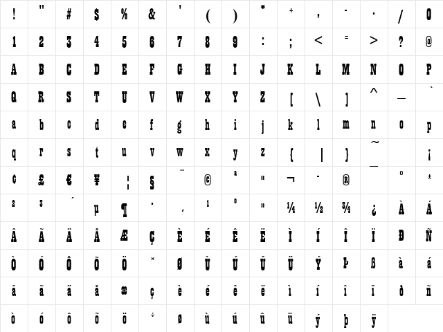 Prescott Regular  glyph index
