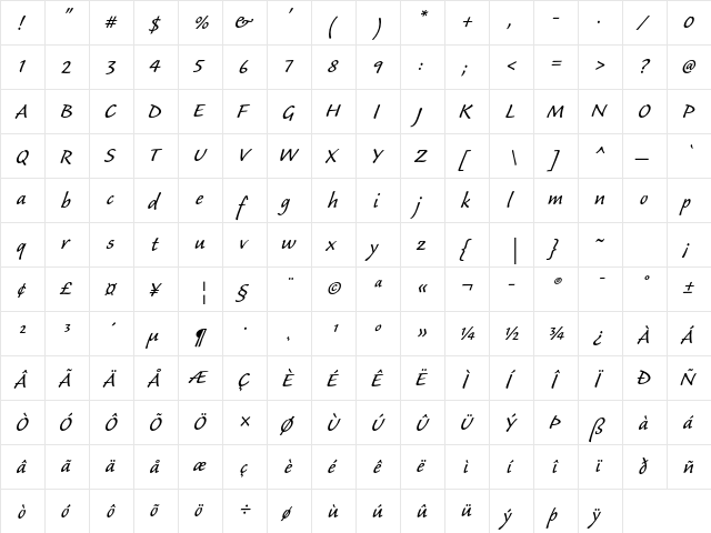 Caliban Std Regular  glyph index