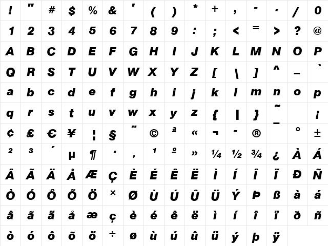 Arezzo-Bold Italic  glyph index