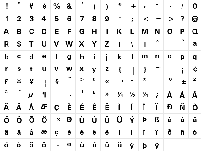 Utah Bold  glyph index