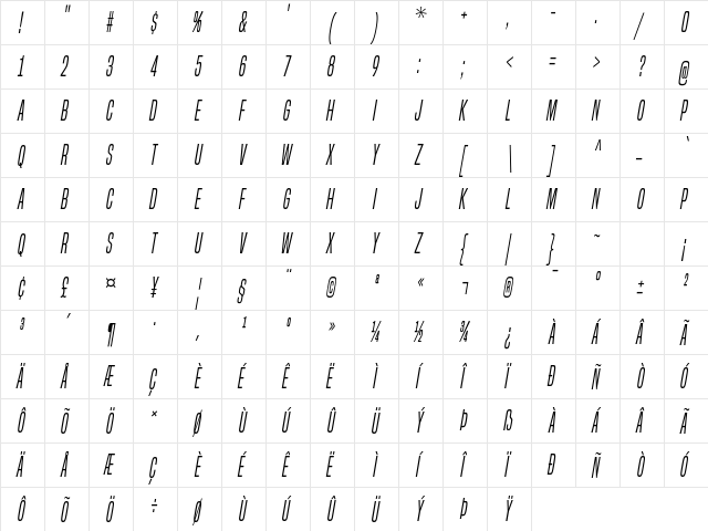 Built Titling Light Italic  glyph index