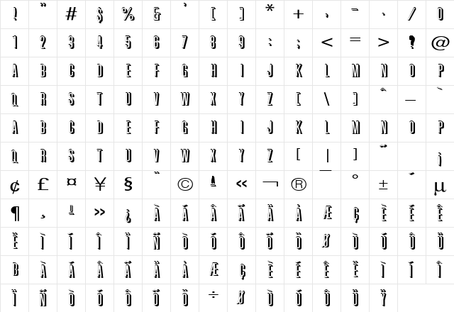 Phoenix Wide Normal  glyph index