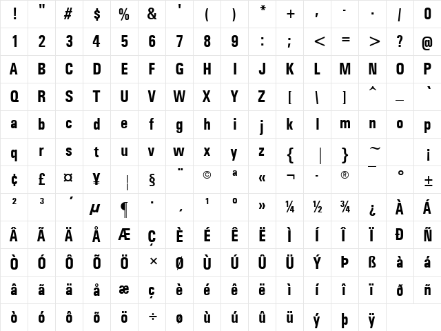 Univers Condensed Bold  glyph index