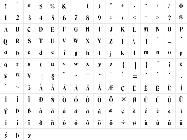 Bernase Regular  glyph index