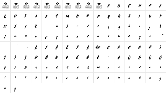 Calligraphy wet Regular  glyph index