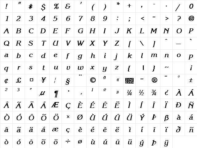 Krone Bold Italic  glyph index