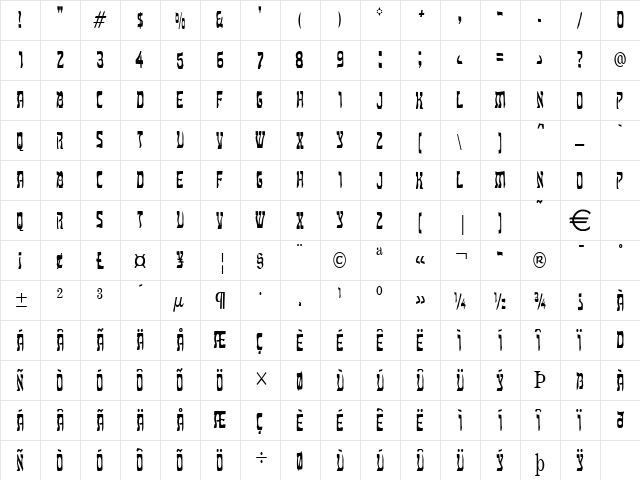 KosherThin Normal  glyph index
