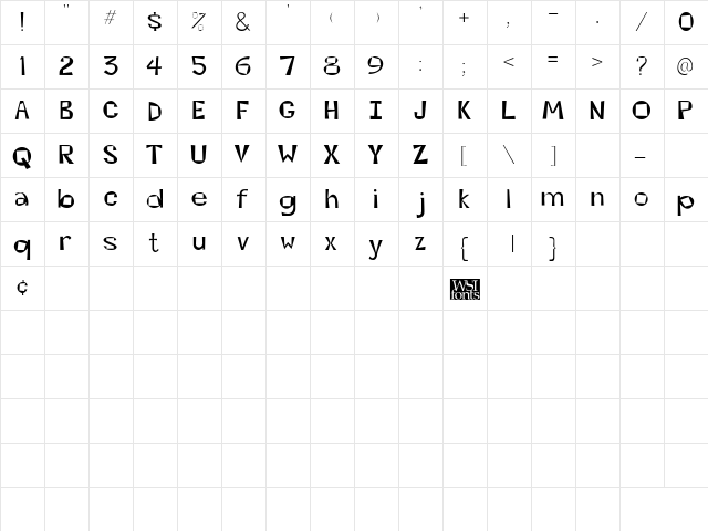 Kwirky Regular  glyph index