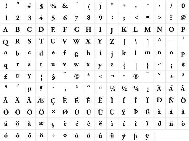 Adobe Garamond Bold  glyph index
