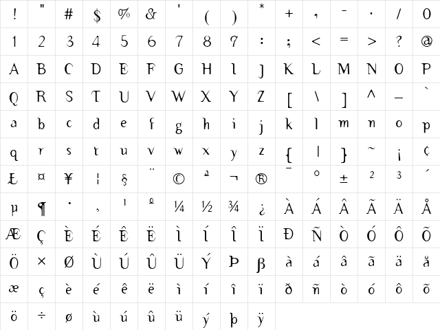 TemaCantante Regular  glyph index